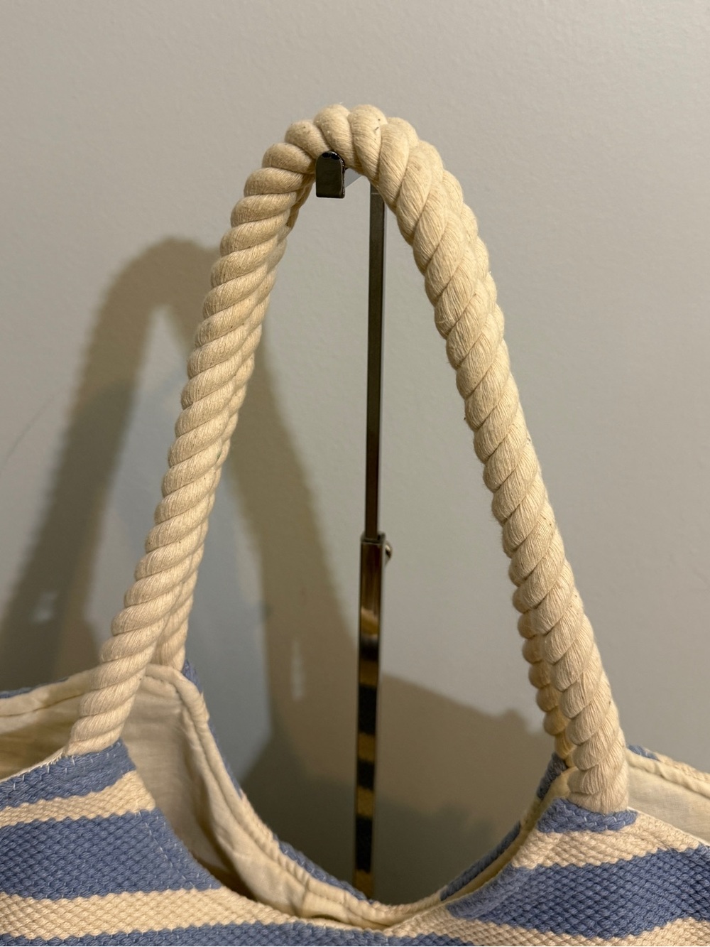 Striped Blue & Cream Fringe Tote Bag Rope Handles - Picture 11 of 16